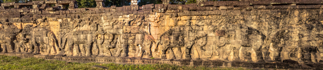 Bas-relief at Terrace of the Elephants . Siem Reap. Cambodia. Panorama