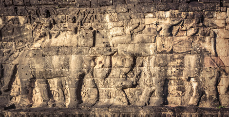 Bas-relief at Terrace of the Elephants . Siem Reap. Cambodia. Panorama