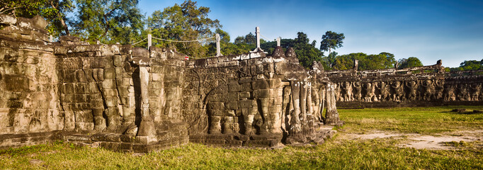 Naklejka premium Bas-relief at Terrace of the Elephants . Siem Reap. Cambodia. Panorama