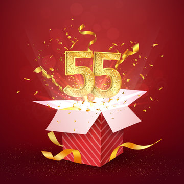 55 th years number anniversary and open gift box with explosions confetti isolated design element. Template fifty five birthday celebration on red background vector Illustration.
