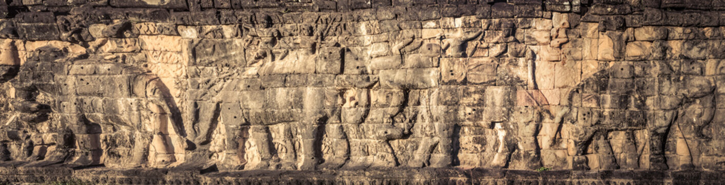 Bas-relief at Terrace of the Elephants . Siem Reap. Cambodia. Panorama