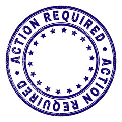 ACTION REQUIRED stamp seal watermark with distress texture. Designed with circles and stars. Blue vector rubber print of ACTION REQUIRED tag with retro texture.