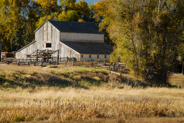 Barn in the mountains shot with a telephoto lens during summerr.