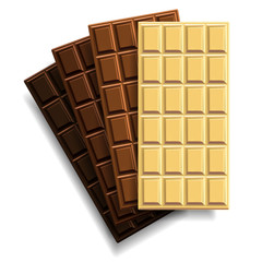 A set of chocolate bars with square patterns of different colors on a white background. 3D vector. High detailed realistic illustration
