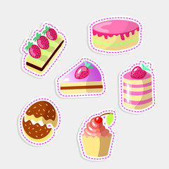 Set of cute cartoon sweet cakes, vector illustration. Colorful collection of cake icons with strawberry on top and sprinkles, pink glaze. Cute cartoon glazed cake, with chocolate, berries. Sweet