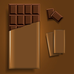 Mockup advertising chocolate. A bar of chocolate in a torn golden package and a few chocolate pieces on a golden background. 3D vector. High detailed realistic illustration