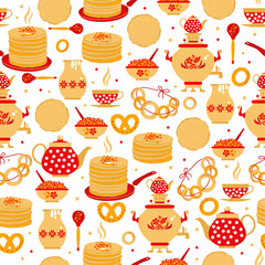 Shrovetide or Maslenitsa. Russian inscription Maslenitsa wide Wide Maslenitsa seamless pattern. Great Russian holiday Shrovetide. Vector illustration. © olga_milagros