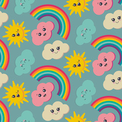 Vector seamless pattern with cute smiling sun, rainbow, cloud
