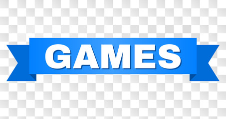 GAMES text on a ribbon. Designed with white caption and blue tape. Vector banner with GAMES tag on a transparent background.