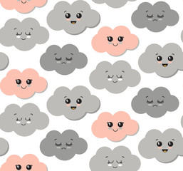 Vector seamless pattern with cute smiling colorful clouds.
