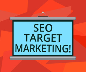 Word writing text Seo Target Marketing. Business concept for Connecting with a specific group within that market Blank Portable Wall Hanged Projection Screen for Conference Presentation