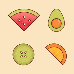 Vector Set of colorful cartoon pieces of fruits icon ( green Apple, watermelon, avocados with bone-in, orange )
