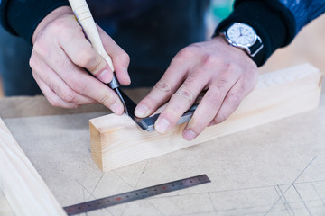 Technician handles a variety of woodworking tools to make wooden products. Both hand and machine tools are used after carpenters measure exact size by different types of rulers.