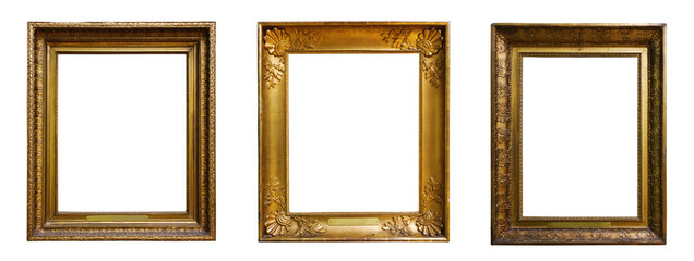 Set of three vintage golden baroque wooden frames on  isolated background