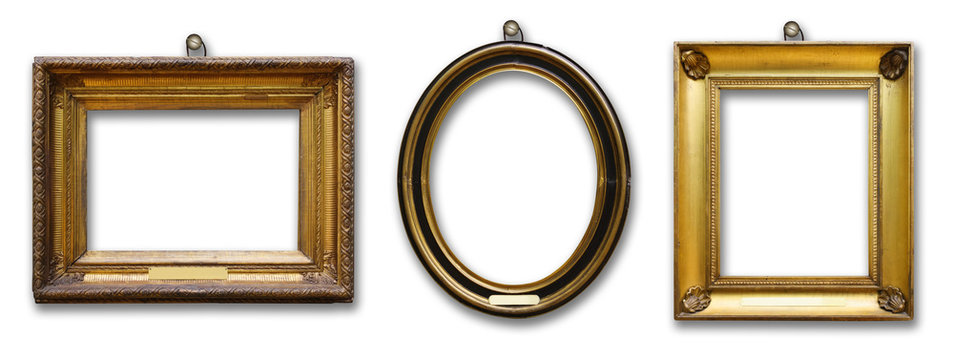 Set of three vintage golden baroque wooden frames on  isolated background