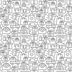 Presents seamless pattern with thin line icons