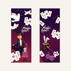 Magician vector illusionist show magic man illusion or magical illusionism on backdrop and cartoon character person in hat show performance with bunny dices dove background set illustration