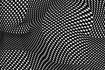 Abstract black and white checkered background. Geometric pattern with visual distortion effect. Optical illusion. Op art.