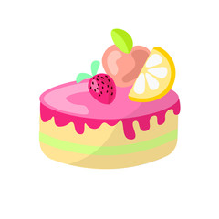 Cute cartoon sweet cake vector illustration. Colorful cake icon with cherry, lemon and apple on top and sprinkles. Cute cartoon fruit round cake with pink glaze