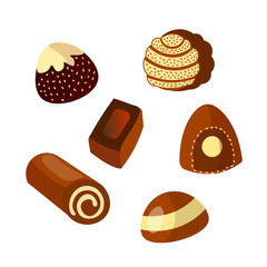 Vector set of chocolate candies isolated on white background for food, birthday and holidays illustrations. Sweet candy dessert assortment of dark and milk chocolate, chocolate candy collection