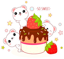 Lovely polar bears with strawberry cake