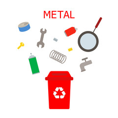 Metal waste red bin. Waste sorting and recycling concept. Color vector ilustration.