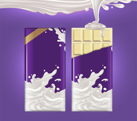 Mockup of milk chocolate advertising. Two tiles of white chocolate on a purple background. 3D vector. High detailed realistic illustration