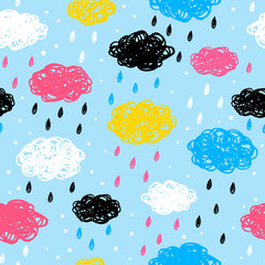 Seamless pattern with hand drawn scribble clouds