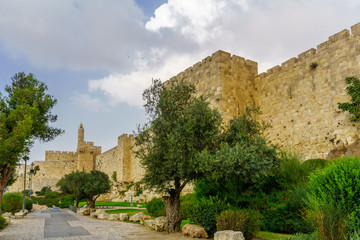 Old city walls and the Tower of David, in Jerusalem