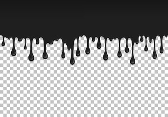 Black dripping slime seamless pattern. Petroleum background with copy space. Kids sensory toy vector illustration. Realistic liquid mucus isolated element. Flowing black fluid. Paint drops and blots.