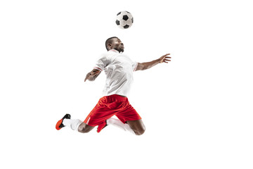 Professional african american football soccer player in motion isolated on white studio background....