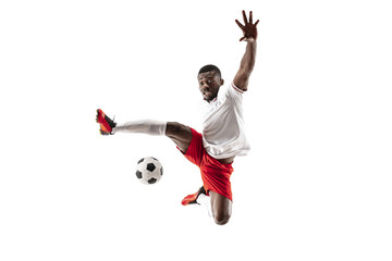 Professional african american football soccer player in motion isolated on white studio background....
