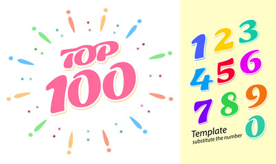 Color fireworks template with numbers - tor 100 rating. Colorful bright numbers from 1 to 9 for easy replacement in the layout. Vector illustration in a flat style.