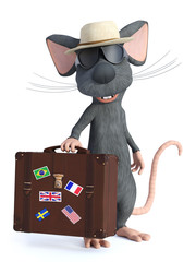 3D rendering of a cartoon mouse tourist holding travel suitcase.