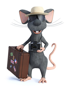 3D rendering of a cartoon mouse tourist holding travel suitcase.