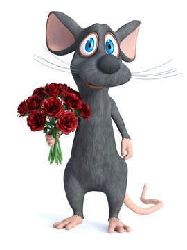3D rendering of a cartoon mouse being romantic.