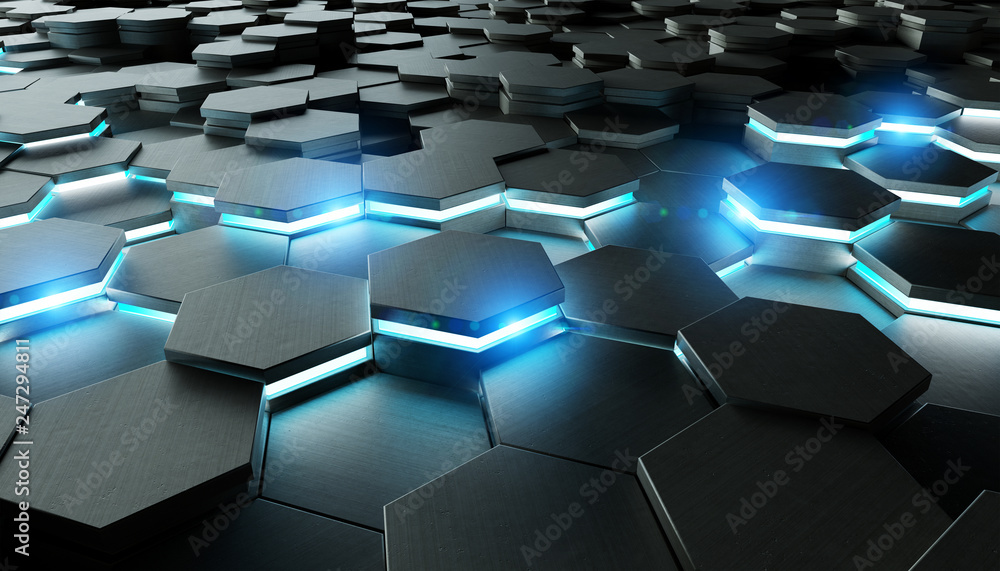 Poster black and blue hexagons background pattern 3d rendering