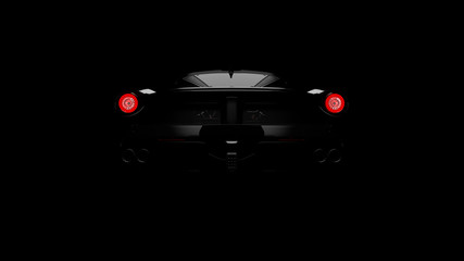 silhouette of black supercar with headlights on black background, 3d render, generic design, non-branded