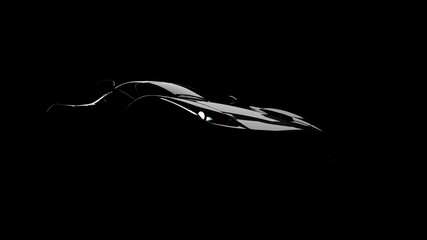 silhouette of black supercar with headlights on black background, 3d render, generic design, non-branded