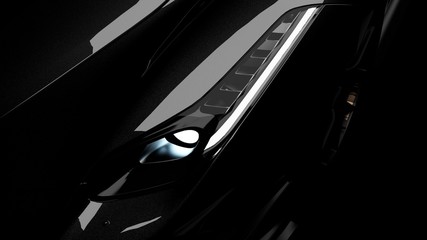 Obraz na płótnie Canvas headlights of black sports car on black background, photorealistic 3d render, generic design, non-branded