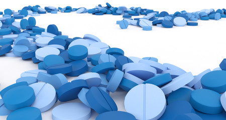 path filled with blue pills on a white background, 3d illustration