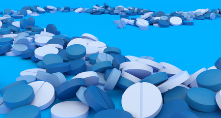 path filled with blue pills on a blue background, 3d illustration