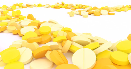 path filled with yellow pills on a white background, 3d illustration