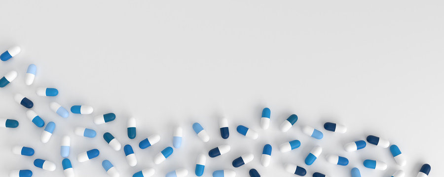 many blue pills poured in the shape of a wave on a white background, 3d illustration