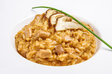 Risotto with wild mushrooms on a white background