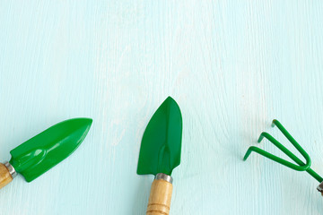 Set of garden tools on a light wooden background. Tools for working with potted flowers. Copy space. Close-up.