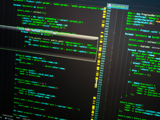 Green php code on dark blue background in code editor, macro