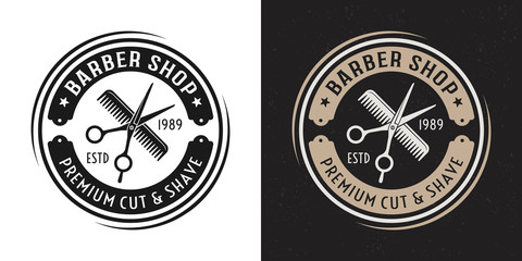 Scissors and hair comb vector vintage round badge
