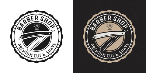 Straight razor vector vintage round badge or logo
