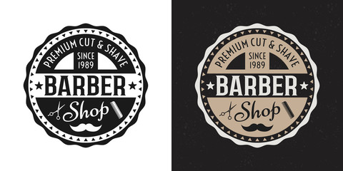 Two style barbershop round badge on white and dark